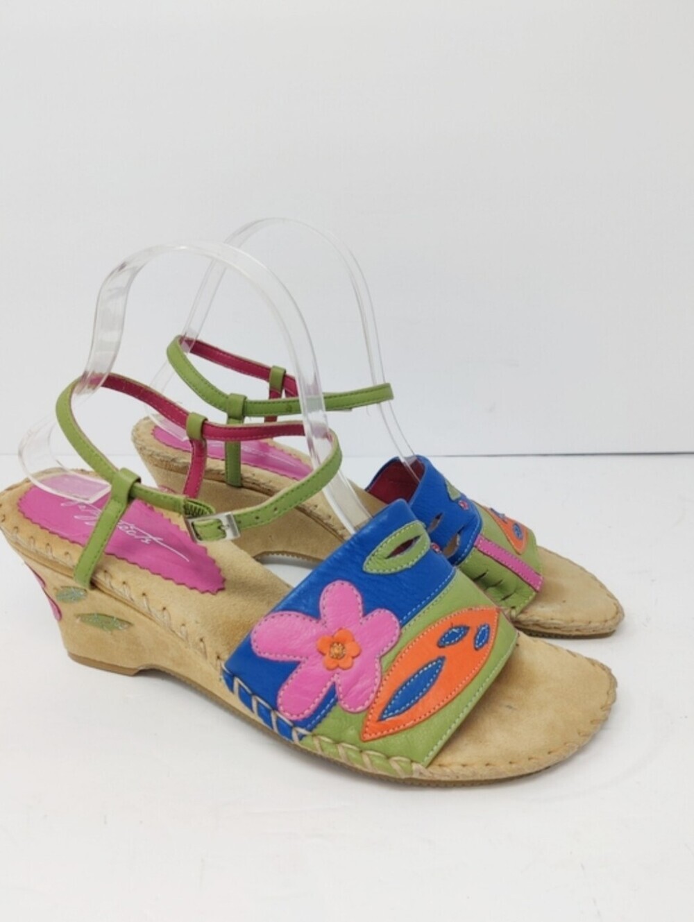 Boho Floral Leather Wedge Sandals Art Effects Paulette 9.5 Colorful Summer